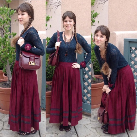 Vintage Crisp Pleated Maroon Wool Maxi Skirt
